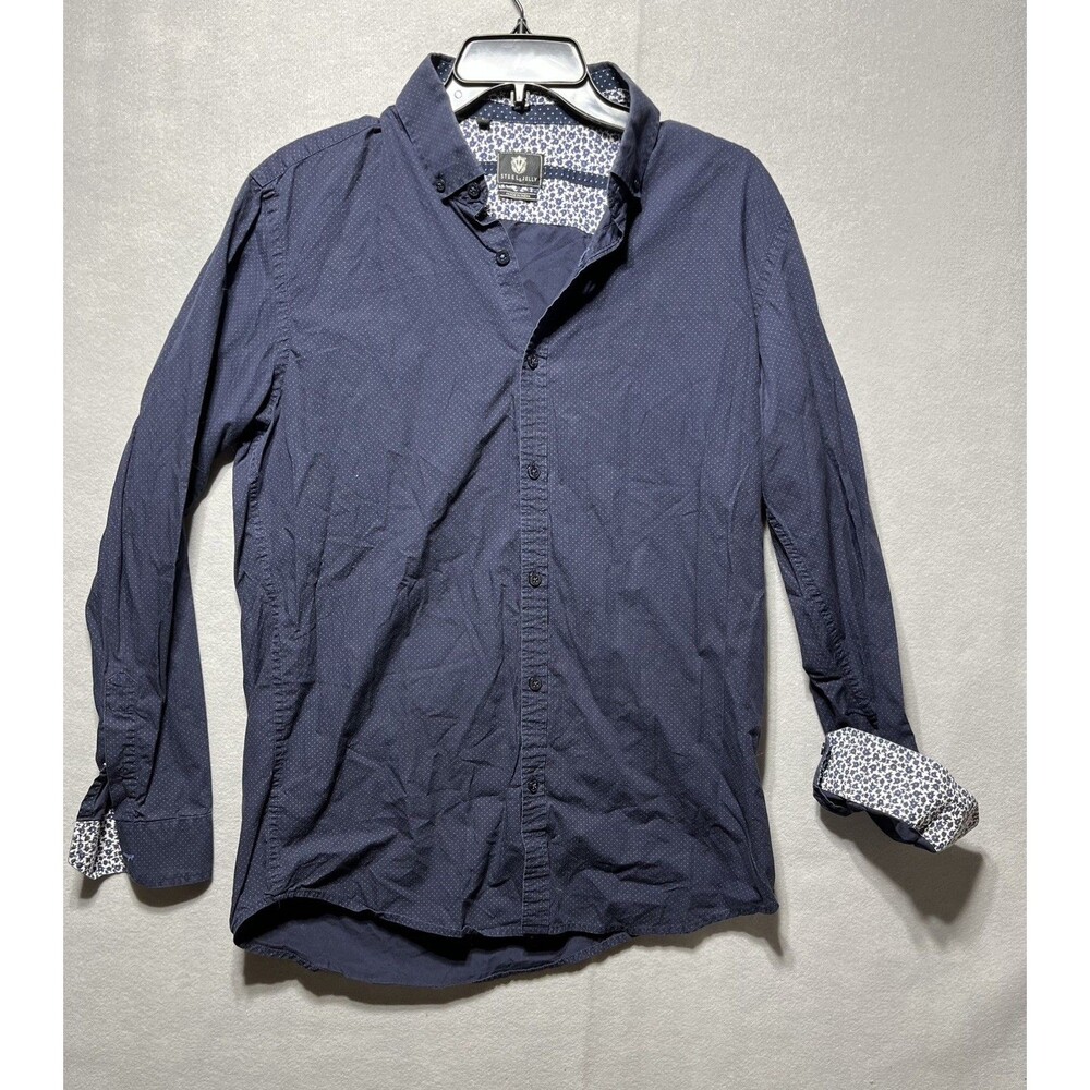 Steel & Jelly Men’s Large Navy Blue Micro Dot Floral Cuff Button-Up Shirt